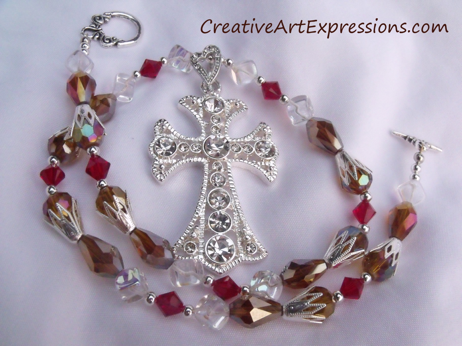 Creative Art Expressions Handmade Red Gold & Bright Silver Cross Necklace Jewelry Design